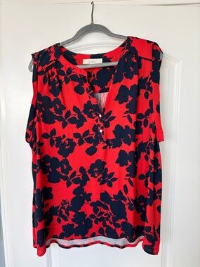 LOFT Red Floral Split-Neck Sleeveless Top with Navy Bloom